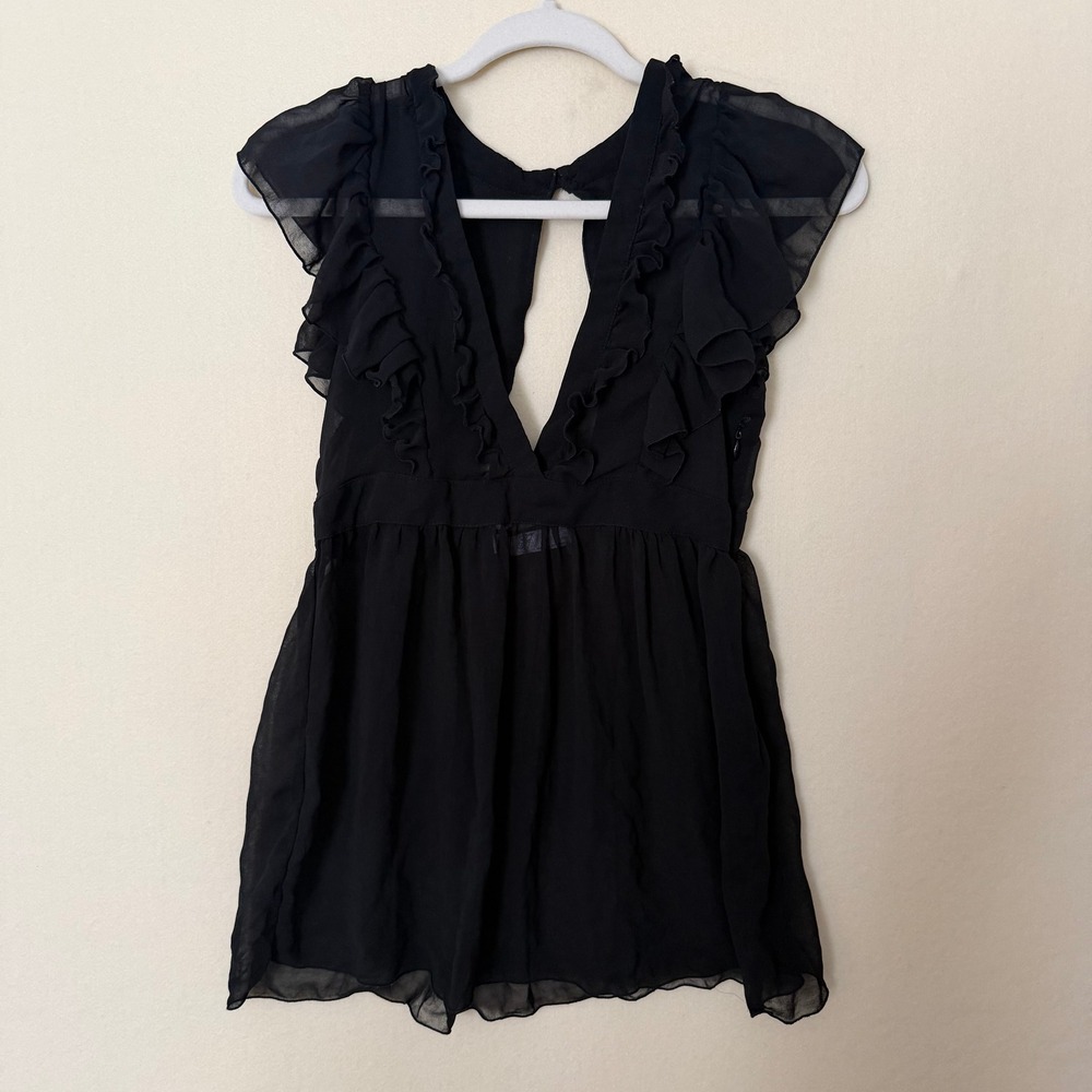 Zara TRF Black Ruffle Deep V-Neck Open Back Chiffon Babydoll Blouse Top Large